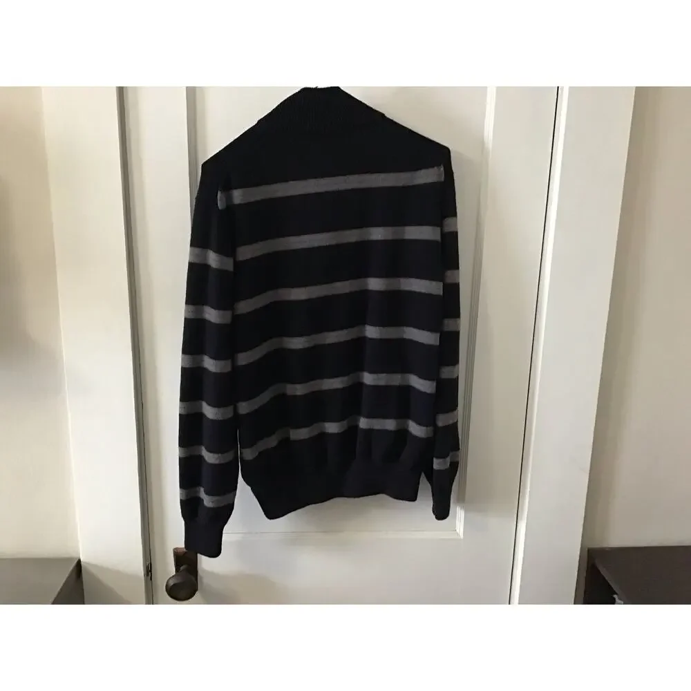 346 Brooks Brothers Navy Striped Extra Fine Italian Merino Wool 1/4 Zip Sweater